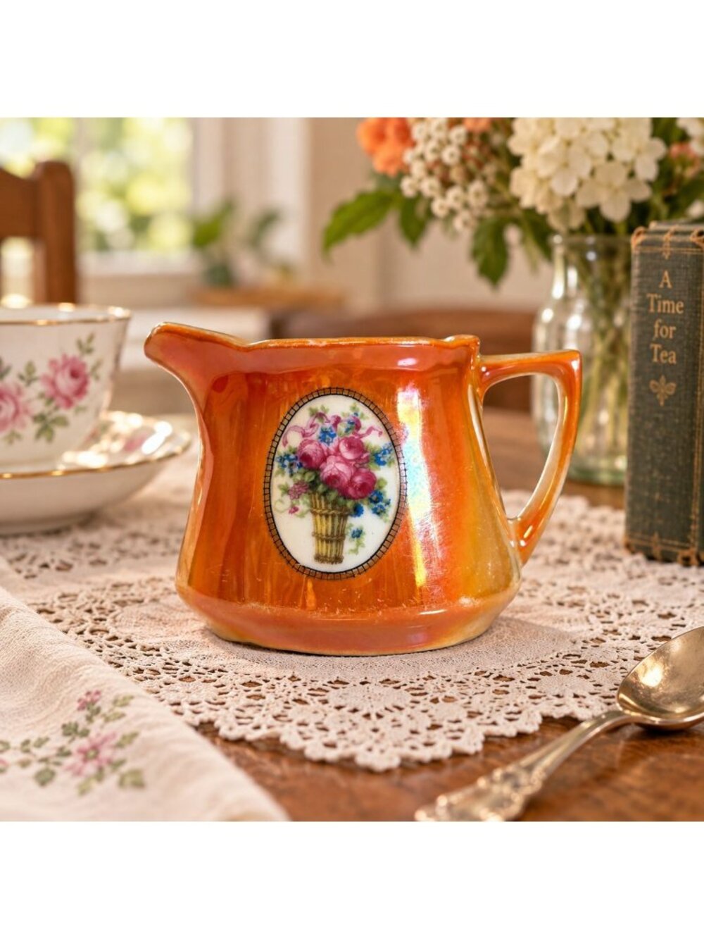 Eleanor Bavaria Orange Lusterware Porcelain Floral Creamer Pitcher Germany